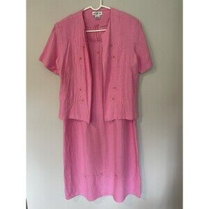 Vintage 2 Piece Linen Dress Set Sz L Dress With Short Sleeve Jacket Embroidered